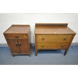 AN OAK CHEST OF TWO LONG DRAWERS, width 93cm x depth 45cm x height 84cm, and a two door cupboard (