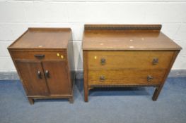 AN OAK CHEST OF TWO LONG DRAWERS, width 93cm x depth 45cm x height 84cm, and a two door cupboard (