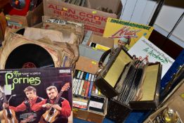 FOUR BOXES OF 78S, LPS, CASSETTE TAPES, REEL TO REEL TAPES, ETC, including novelty acts, musicals,