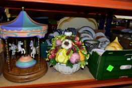 TWO BOXES OF A BLUE AND WHITE DINNER SET, CERAMICS, AND A LARGE MUSICAL CAROUSEL, to include a