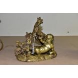 A GILT BRONZE FIGURINE OF A CHERUB, a reclining Cherub and a goat next to a grapevine, height 24cm x