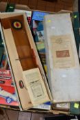 TWO BOXES OF VINTAGE TOYS, to include a pre-war Warneford Tractor model aeroplane, Mettoy racing