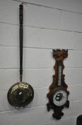 AN EDWARDIAN OAK ANEROID BAROMETER, singed C&R Winter of Preston, along with brass warming pan (2)