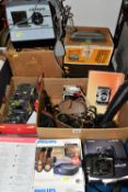 A BOX AND LOOSE CAMERAS, A CLASSIC AUTO GNOME 757 SLIDE PROJECTOR AND REEL TO REEL TAPE RECORDER, to