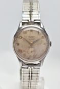 A VINTAGE AUTOMATIC UNIVERSAL GENEVE WRISTWATCH FOR J.W. BENSON, discoloured silvered dial with