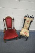 A 19TH CENTURY EBONISED HALL CHAIR, and an Aesthetic movement walnut nursing chair (condition:-