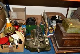 THREE BOXES AND LOOSE TYPEWRITER, SEWING MACHINE, PHOTOGRAPHIC EQUIPMENT AND VINTAGE HOUSEHOLD