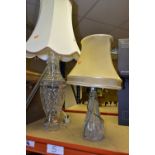 TWO TABLE LAMPS WITH CUT GLASS BASES, heights including fitting 56cm and 33cm, with shades (2) (