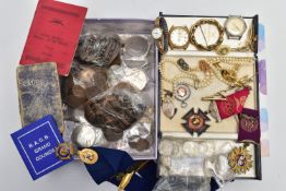 A BOX OF ASSORTED WATCHES, CUFFLINKS, MEDALS AND COINS, to include a gents stainless steel, hand