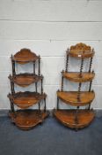 A VICTORIAN WALNUT AND MARQUETRY INLAID DEMI LUNE GRADUATED FOUR TIER WHATNOT, joined by barley