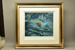 ROLF HARRIS (AUSTRALIAN 1930) 'LEOPARD RECLINING AT DUSK' a limited edition print 49/195, signed