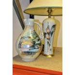 A MICHAEL & BARBARA HAWKINS PORT ISAAC POTTERY LAMP AND JUG, hand thrown pottery painted in a