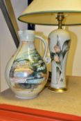 A MICHAEL & BARBARA HAWKINS PORT ISAAC POTTERY LAMP AND JUG, hand thrown pottery painted in a