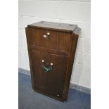 AN ART DECO MAHOGANY COCKTAIL CABINET, with a lifting top, width 69cm x depth 37cm x height 125cm,