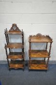 A LATE VICTORIAN WALNUT AND MARQUETRY INLAID THREE TIER WHATNOT, with an open fretwork gallery,