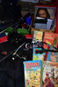 TWO BOXES OF BEANO ANNUALS, LPS, FISHING AND PHOTOGRAPHIC EQUIPMENT, to include 3 telescopic fishing