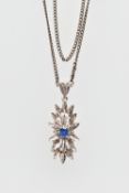 AN 18CT WHITE GOLD SAPPHIRE PENDANT, of floral design, the pendant claw set with a circular cut