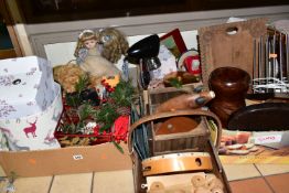 FOUR BOXES OF MISCELLANEOUS AND LOOSE, to include a large wooden trug, butter pats, carved bread