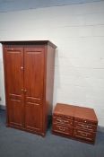 A CHERRYWOOD TWO DOOR WARDROBE, width 108cm x depth 66cm x height 199cm, a pair of bedside