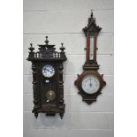 A MAHOGANY VIENNA WALL CLOCK, width 39cm x height 89cm (winding key and pendulum) and an oak aneroid