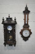 A MAHOGANY VIENNA WALL CLOCK, width 39cm x height 89cm (winding key and pendulum) and an oak aneroid