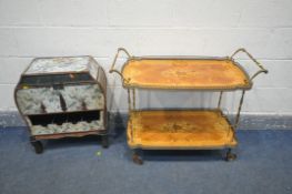 AN ITALIAN BRASS TEA TROLLEY (condition:-veneer lifting to both tiers) and a painted drink