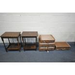 TWO OAK BARLEY TWIST OCCASIONAL TABLES, along with three vintage suitcases and another suitcase (6)