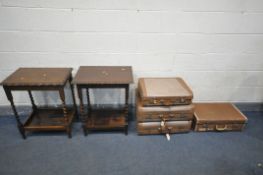 TWO OAK BARLEY TWIST OCCASIONAL TABLES, along with three vintage suitcases and another suitcase (6)