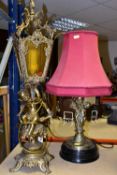 TWO BRASS TABLE LAMPS, one with a dark red shade, height 58cm to top of shade, a brass stand with