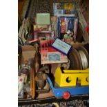 TWO BOXES OF VINTAGE WOODEN AND CARD JIGSAW PUZZLES, CELLULOID TOYS AND A 1960S SOCCERETTE