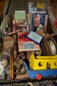 TWO BOXES OF VINTAGE WOODEN AND CARD JIGSAW PUZZLES, CELLULOID TOYS AND A 1960S SOCCERETTE