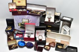 A BOX OF ASSORTED WRISTWATCHES AND COSTUME JEWELLERY, to include a 'Citizen' automatic wristwatch,