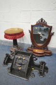 A VICTORIAN WALNUT SWIVEL PIANO STOOL, along with a Victorian shield swing mirror (condition:-