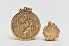 TWO 9CT GOLD ST.CHRISTOPHER PENDANTS, the first a of a circular form, personal engraving to the
