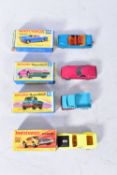 FOUR BOXED MATCHBOX 1-75 SERIES SUPERFAST MODELS, Boss Mustang, No.44, yellow body, Mercedes Unimog,