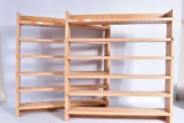 A PAIR OF WALL MOUNTED OPEN SHELVES, six shelves, height approx. 61.5cm, approx. 59cm, depth approx.