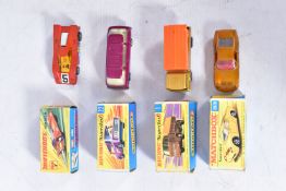 FOUR BOXED MATCHBOX 1-75 SERIES SUPERFAST MODELS, Mercedes Truck, No.1, version in gold but tilt