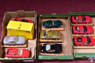 A COLLECTION OF MAINLY UNBOXED AND ASSORTED BBURAGO 1:24 SCALE SPORTS CARS, all mounted on wooden