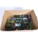 A QUANTITY OF UNBOXED AND ASSORTED PLAYWORN DIECAST AND PLASTIC MILITARY VEHICLES AND FIGURES, to