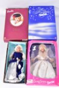 FOUR BOXED MODERN MATTEL BARBIE DOLLS WITH A WINTER THEME, Winter Evening, Snow Sensation, Avon