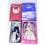 FOUR BOXED MODERN MATTEL BARBIE DOLLS WITH A WINTER THEME, Winter Evening, Snow Sensation, Avon