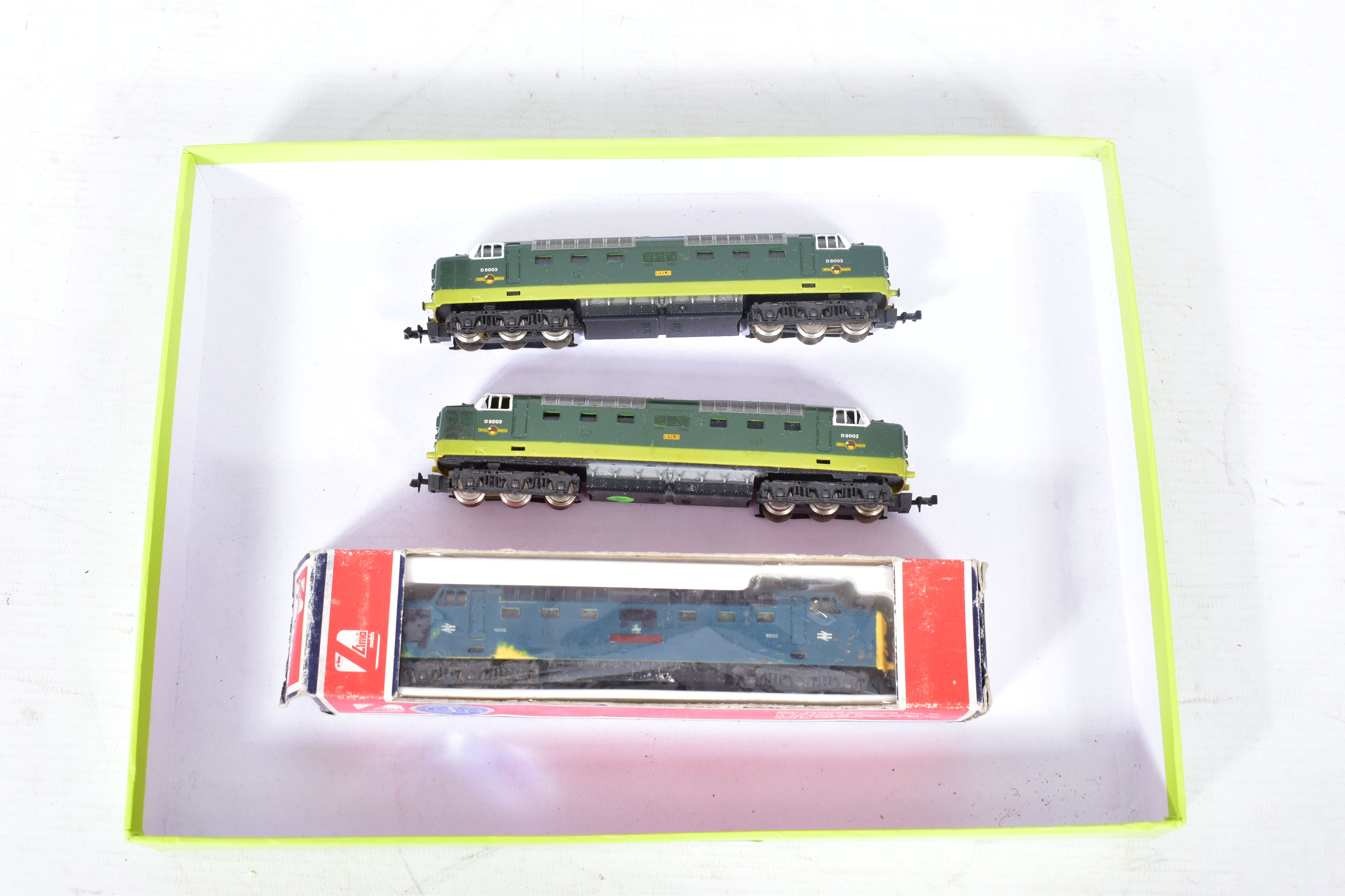 THREE LIMA N GAUGE CLASS 55 DELTIC LOCOMOTIVES, 2 x unboxed 'Meld' No.D9003, B.R. two tone green