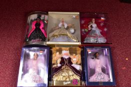 SIX BOXED MODERN MATTEL CHRISTMAS AND NEW YEAR THEMED BARBIE DOLLS, 1996 Hallmark Keepsake Ornaments