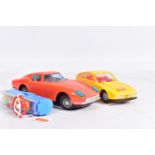 AN UNBOXED BANDAI TINPLATE BATTERY OPERATED FERRARI 275 GT, orange body, red, white and blue