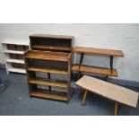 A SOLID OAK OPEN BOOKCASE, width 92cm x depth 26cm x height 106cm, along with other open
