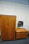 A MID CENTURY TEAK LEBUS TWO PIECE BEDROOM SUITE, comprising a two door wardrobe, width 92cm x depth