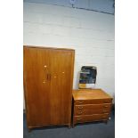 A MID CENTURY TEAK LEBUS TWO PIECE BEDROOM SUITE, comprising a two door wardrobe, width 92cm x depth