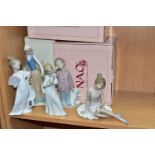 FIVE NAO FIGURES, comprising boxed Shepherdess with duck, height 24cm, boxed 'Sleepy-Head', boxed