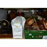 TWO BOXES AND LOOSE SEWING MACHINES, to include a wooden cased Singer sewing machine, a Janome Jem