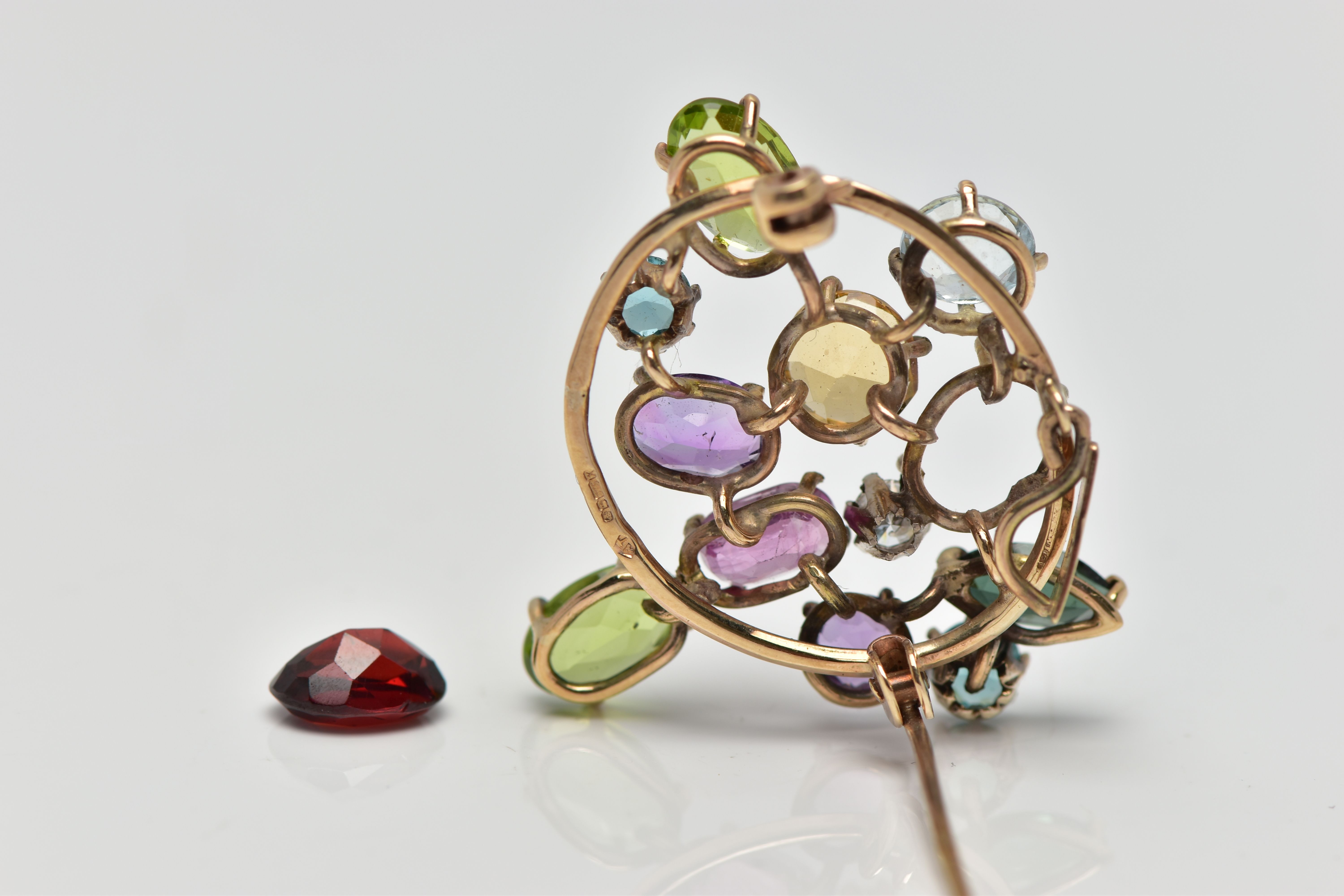 A 9CT GOLD DIAMOND AND COLOURED GEM SET BROOCH, of openwork design the circular cut diamond, - Image 4 of 4